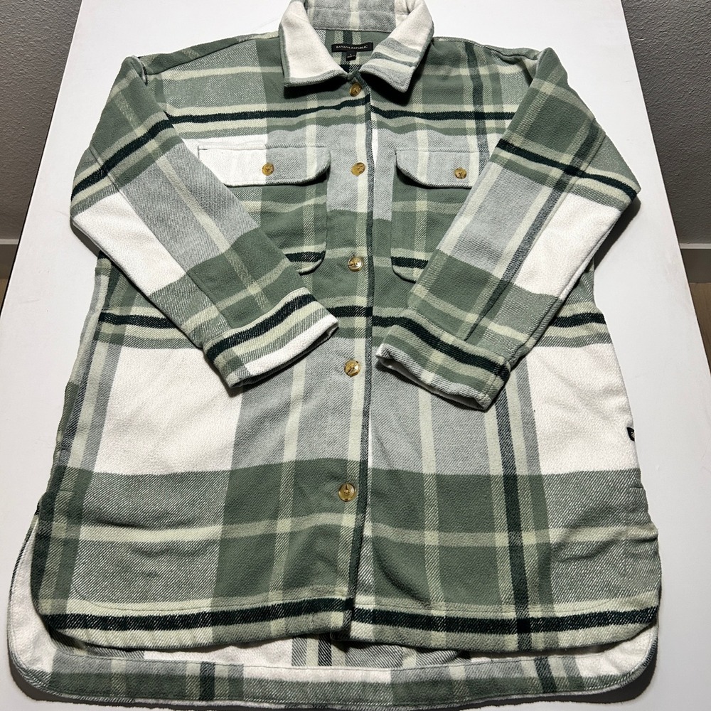 Banana Republic Plaid Fleece Shirt Jacket Shacket Sage Green Wool Blend Large